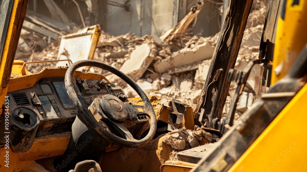 Poster an intimate view of a heavy equipment operator inside a bulldozer, clearing debris at a demolition s