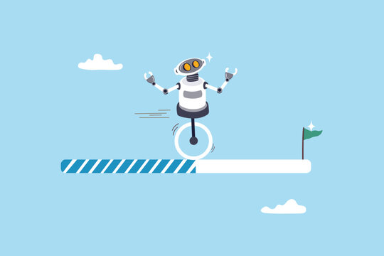 AI artificial intelligence implementation progress, adoption or evolution to improve AI innovation, learning or change to optimize success concept, smart AI robot run on progress bar to reach target.