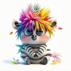 Naklejka premium A playful zebra with colorful hair sitting coyly among vibrant plants in a whimsical garden