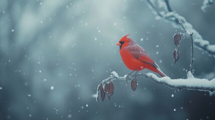 A cardinal bird perched on a snowy branch in winter. The bright red color stands out against the cold, soft snow background.