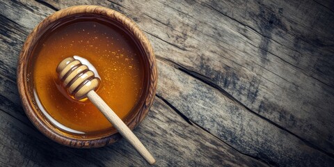 Fototapeta premium A close up of a bowl of honey accompanied by a honey dipper resting on a wooden table, showcasing the rich texture and natural color of the honey. Perfect for honey enthusiasts and culinary uses.