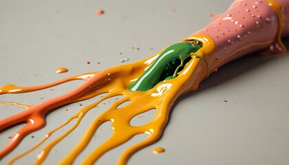 A slimy, clinging substance dripping from an object, leaving a trail of goo across a neutral surface, Generative AI