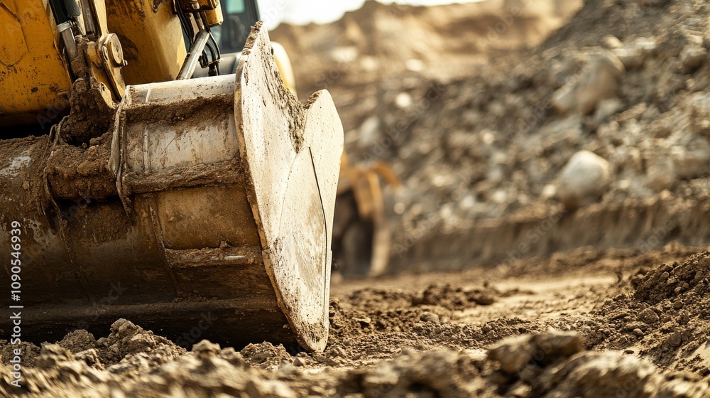 Poster an intimate view of a heavy equipment operator operating an excavator at a road construction site, r