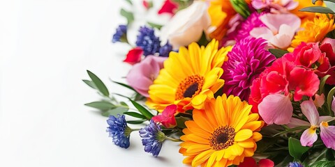 Obraz premium Vibrant bouquet of colorful flowers displayed on a clean white background, showcasing a beautiful arrangement of bright flowers that enhance any setting with their charm and vibrancy.