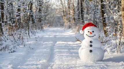 Jolly Snowman Wearing Santa Hat in a Snow-Covered Forest