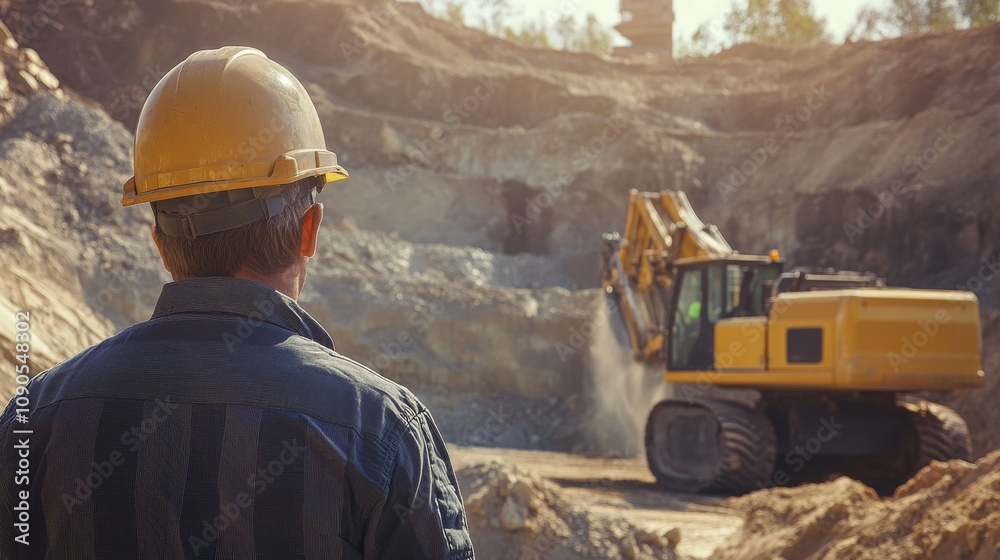 Poster an intimate view of a heavy machinery operator in a quarry, managing equipment for stone extraction,
