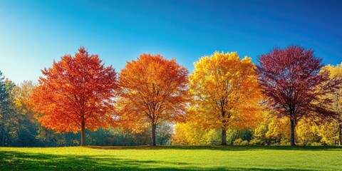 Autumn trees display vibrant colors against a clear blue autumn sky, creating a picturesque scene in the autumn park, showcasing the beauty of autumn trees during this colorful season.