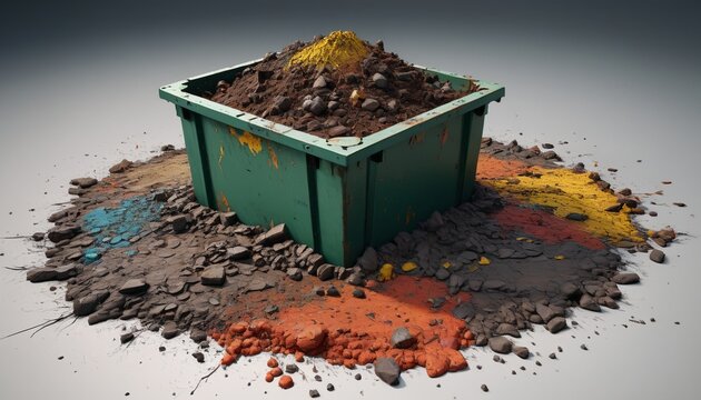 A grimy, sludgy pile of muck seeping from a cracked container onto a neutral surface, Generative AI