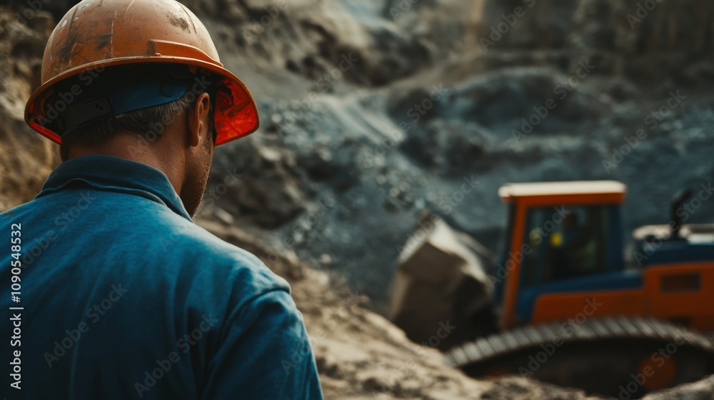 Poster an intimate view of a heavy machinery operator in a quarry, managing equipment for stone extraction,