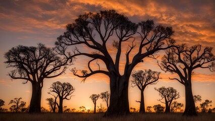 The unique boab trees of the kimberley at sunset casting long shadows over dry grasslands, Ai generated