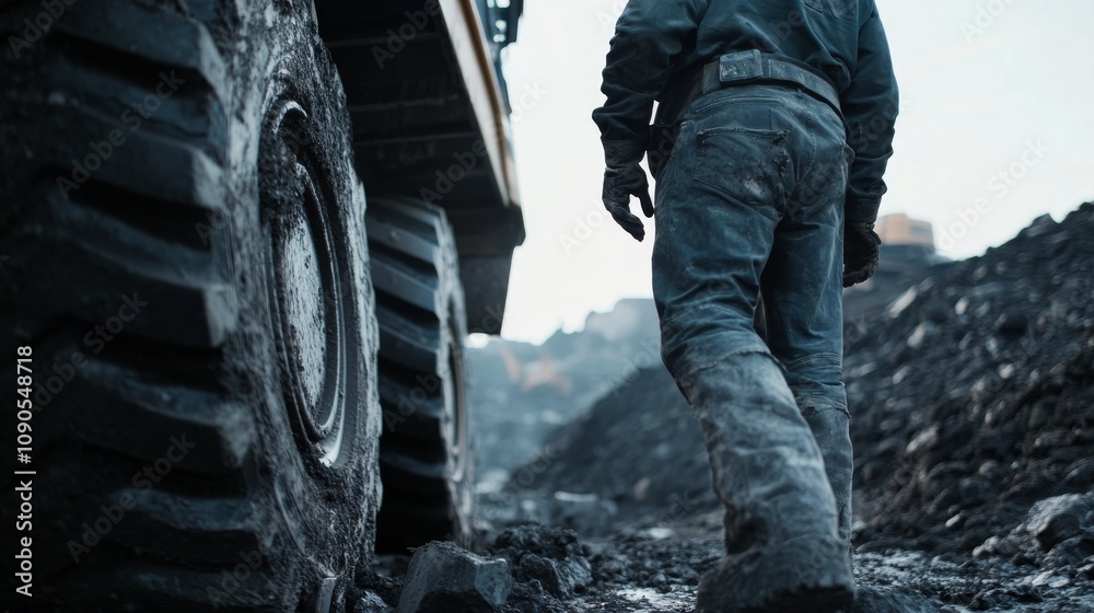 Poster an intimate view of a heavy machinery operator in a quarry, managing equipment for stone extraction,