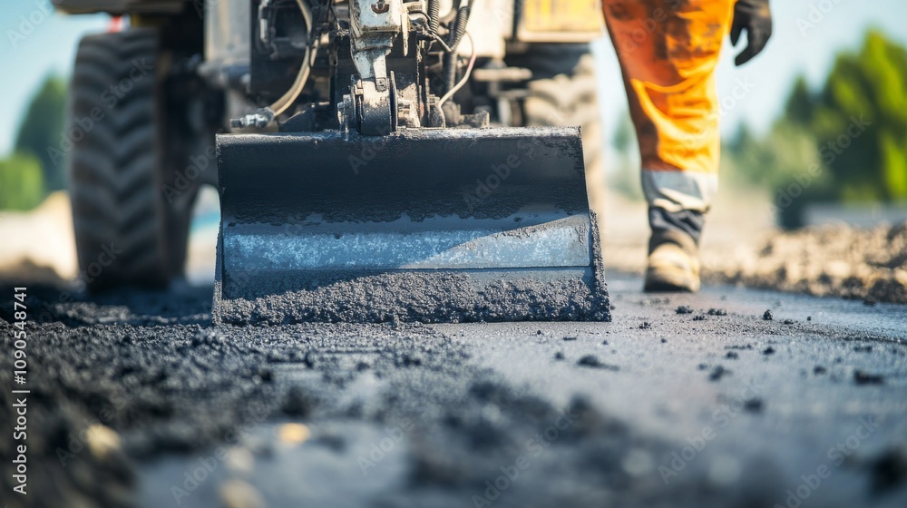 Poster An intimate view of a road worker operating a paving machine on a highway construction site, Highway paving operation scene, Focused and efficient style