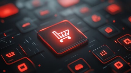 A close-up of a glowing shopping cart icon on a keyboard, symbolizing online shopping.