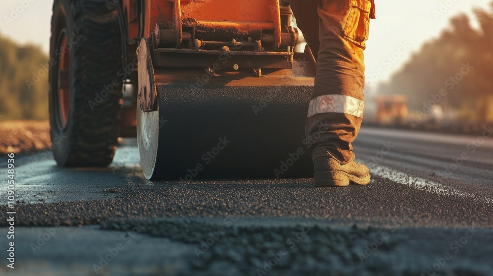 Poster An intimate view of a road worker operating a paving machine on a highway construction site, Highway paving operation scene, Focused and efficient style