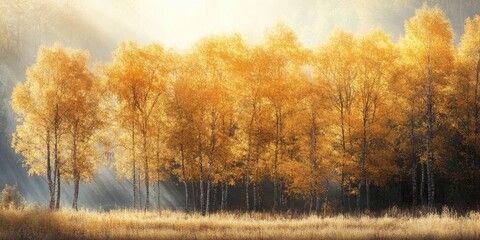 Fototapeta premium Stunning nature landscape showcasing golden trees under the sun during fall season, capturing the essence of beautiful nature. Experience the vibrant hues in this enchanting nature landscape.