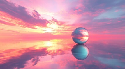 Obraz premium Surreal Landscape with Colorful Sphere Reflecting in Calm Water Under a Vibrant Sunset Sky with Dramatic Clouds and Soft Pastel Hues