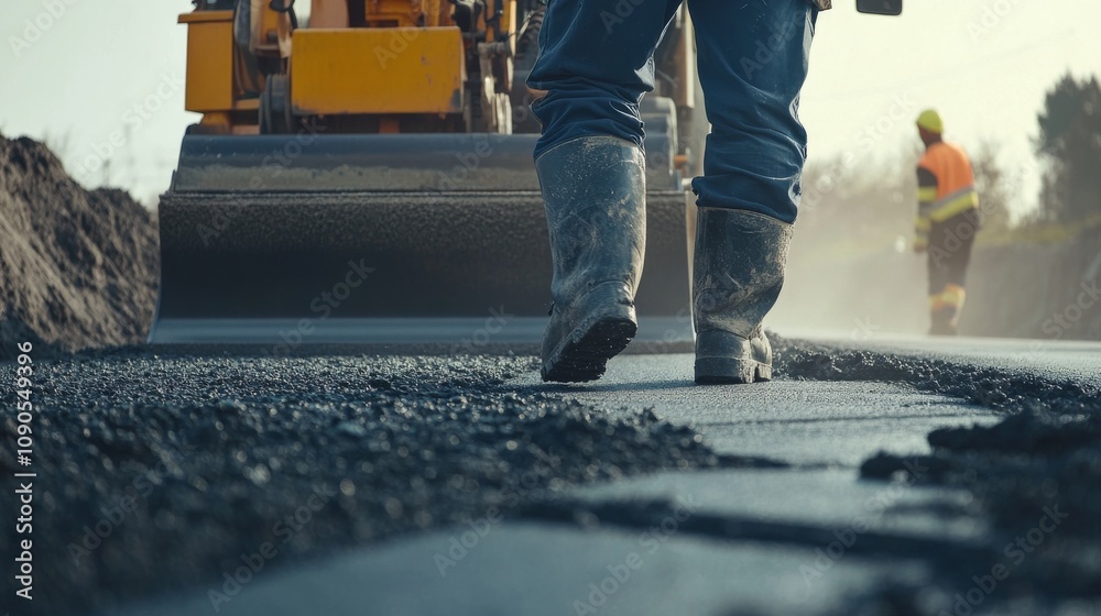 Poster an intimate view of a road worker operating a paving machine on a highway construction site, highway
