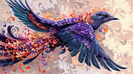 Fototapeta premium Colorful ornate bird in flight against floral background.
