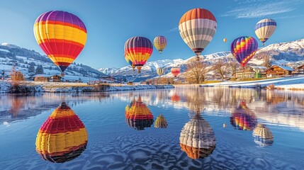 Fototapeta premium Colorful hot air balloons reflected in a serene lake landscape.