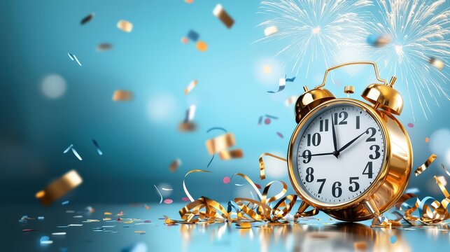 Elegant 'New Year Sale 2025' design with fireworks lighting up the text, confetti falling, and a countdown clock symbolizing the arrival of discounts