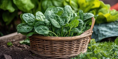 Fresh spinach vibrant vegetable displayed in a basket, showcasing the rich green color and texture of this nutritious vegetable, perfect for salads and cooking. Spinach is a versatile vegetable.