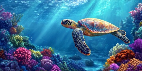 Obraz premium Beautiful underwater postcard featuring a sea turtle gracefully floating over a vibrant coral reef. The sea turtle showcases its charm in this stunning underwater postcard scene.