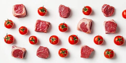 Fototapeta premium Fresh meat arranged in a grid pattern alongside vibrant tomatoes on a clean white background, showcasing the appealing combination of meat and tomatoes for culinary inspiration.
