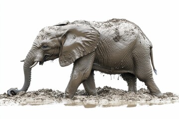 Fototapeta premium Muddy elephant walks through mire.