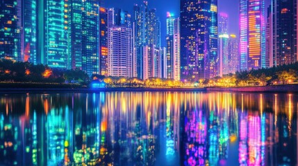 Fototapeta premium Nighttime Cityscape with Vibrant Lights and Reflections on Water, Showcasing Modern Skyscrapers and Lively Urban Atmosphere