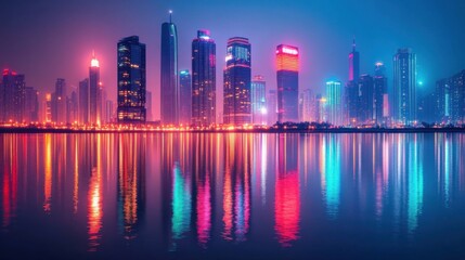Fototapeta premium Vibrant Nighttime Cityscape with Reflective Water and Colorful Skyscrapers Illuminating the Skyline in a Modern Urban Environment