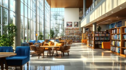 A bright and modern library with large windows, bookshelves, and comfortable seating areas.