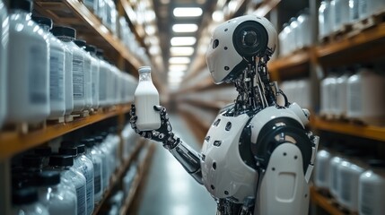 Fototapeta premium Robot examining a bottle in warehouse aisle