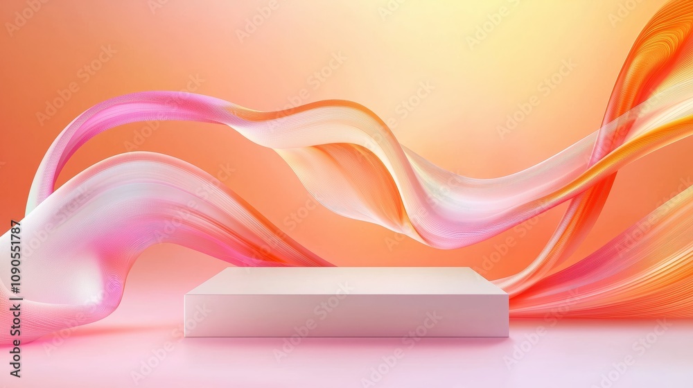 Poster stylish 3d podium surrounded by ample empty space with flowing colorful waves for creative display a