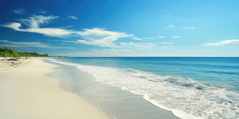Obraz premium Serene and picturesque white sand beach showcases tranquil views and soft sands, perfect for relaxation at this stunning beach destination known for its beauty and inviting atmosphere.