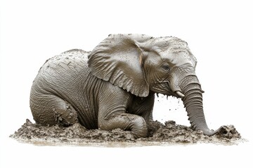 Fototapeta premium Muddy elephant rests in mud puddle.