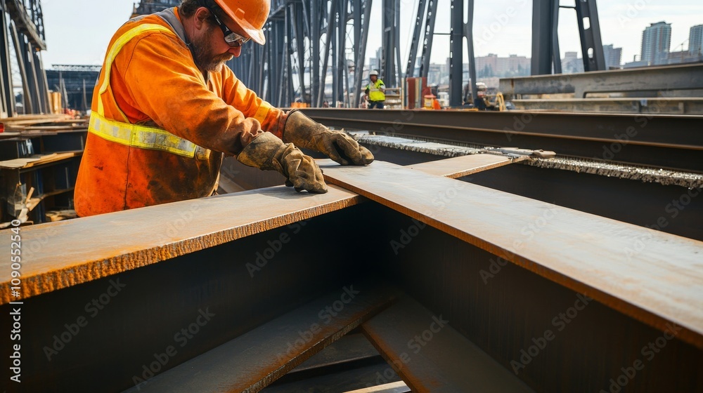 Poster an ironworker securing steel beams at a bridge construction site, with structural elements and const