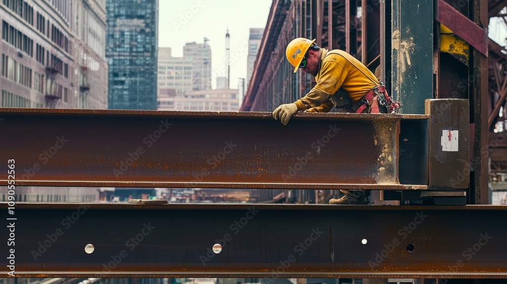 Poster an ironworker securing steel beams at a bridge construction site, with structural elements and const