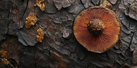 Brown mushroom growing on tree bark showcases the natural beauty of fungi. This brown mushroom on tree bark highlights the intricate relationship between mushrooms and their forest habitat.