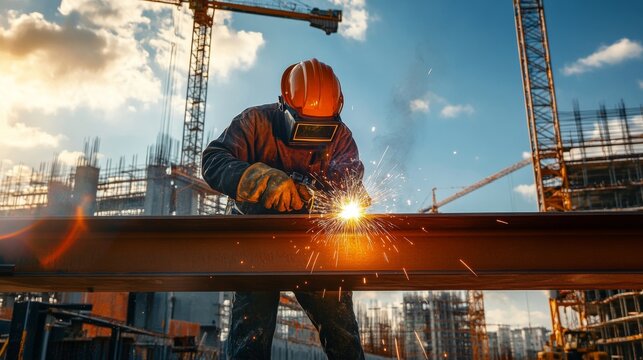 An ironworker welding steel beams at a skyscraper construction site, with sparks flying against a backdrop of cranes and scaffolding, Steel erection scene
