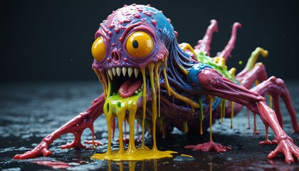 A strange, dripping monster with sticky slime leaking from its body, twisting and writhing through a surreal world, Generative AI