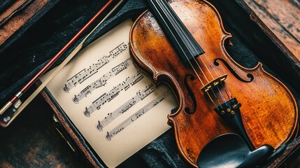 Fototapeta premium A violin resting on sheet music inside a case, symbolizing music and artistry.