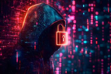 An abstract digital background with a hooded figure and a glowing padlock, highlighting the concept of cyber security