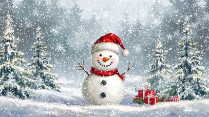 Fototapeta premium Snowman with Santa Hat Surrounded by Snowy Trees