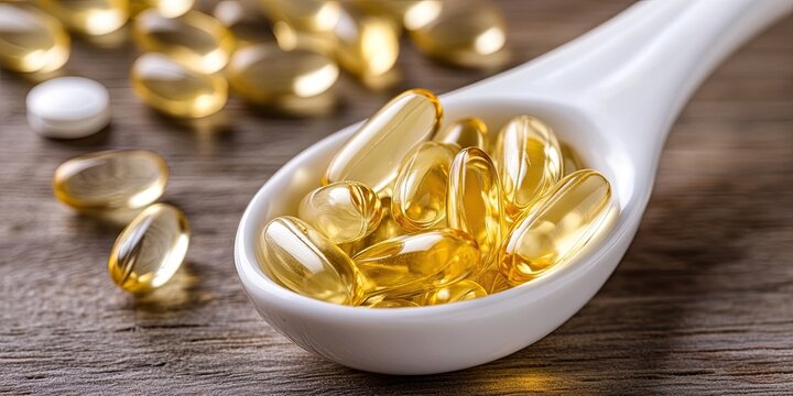 A white tablespoon features soft gel capsules of D3 alongside a scattering of various pills. The D3 capsules stand out among the abundant pills, highlighting their nutritional importance.