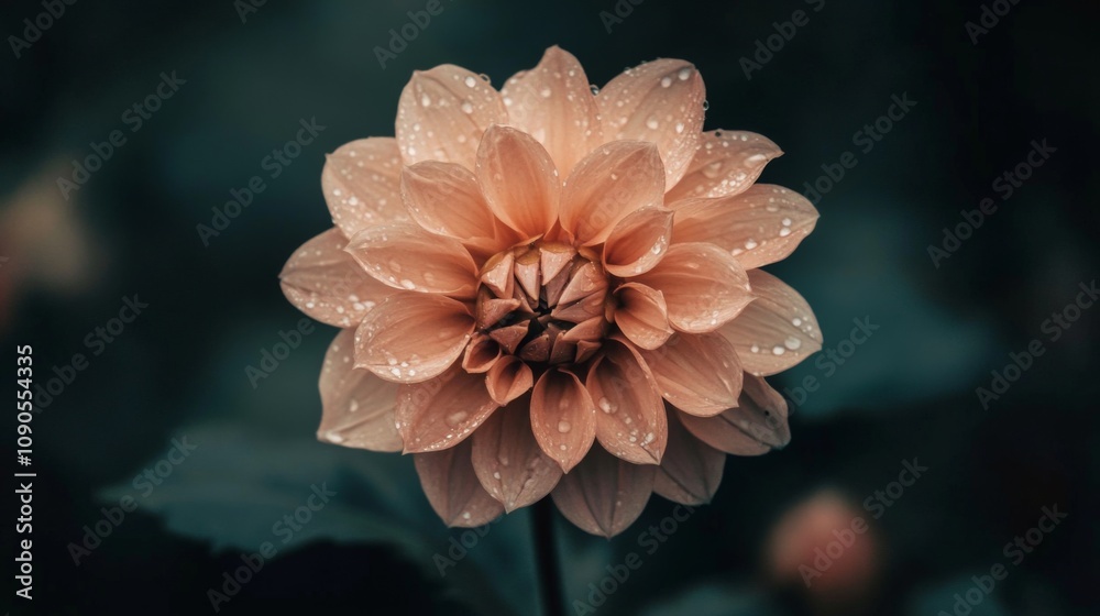 Poster stunning peach dahlia flower with dew drops on petals showcasing intricate layering and soft texture