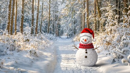 Obraz premium Winter Snowman with Santa Hat in a Frosty Setting