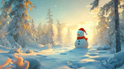 Fototapeta premium Festive Snowman in Winter Forest