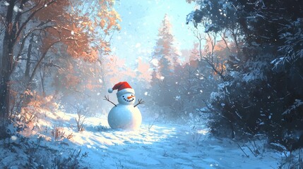 Fototapeta premium Festive Snowman in Winter Forest