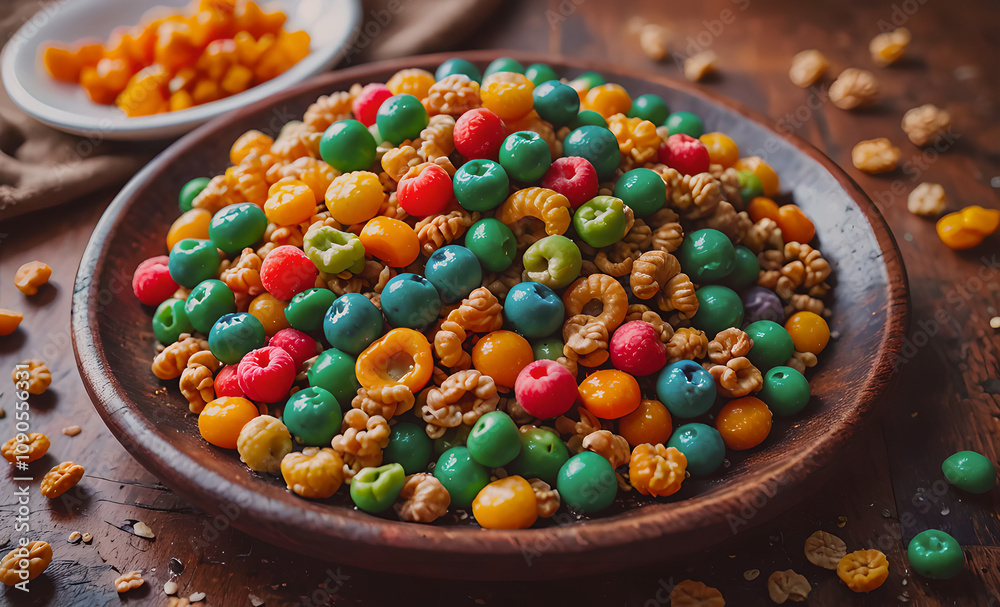 Aufkleber A bowl of colorful cereal with nuts and fruit. The bowl is on a wooden table. There are also some nuts and fruit on the table