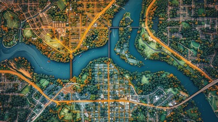 Obraz premium Aerial View of a City with Winding River